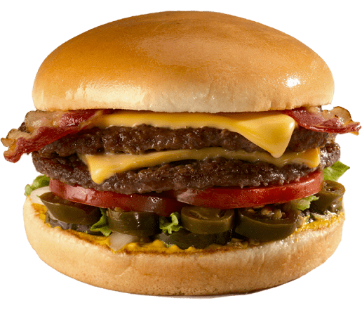 hamburger with double patties, bacon, cheese, and jalepenos